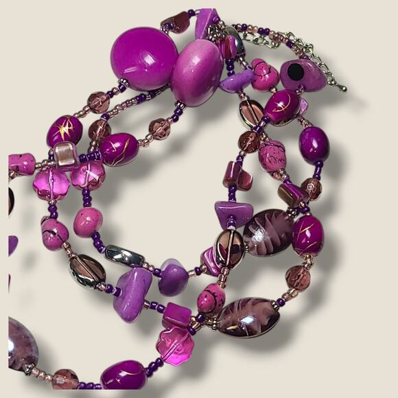 Vintage Bright Purple Stone Art Glass & MOP Shell Bead Necklace 42" - Picture 4 of 11